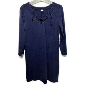 Old Navy Shift Dress Sweater Blue 3/4 Length Sleeve Lace Up Neck Women sz Small